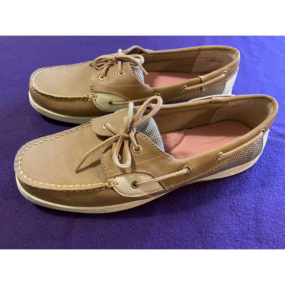 Liz Claiborne Flat Casual Boat Shoes Tan Multi Slip On Women's size 10 Nautical